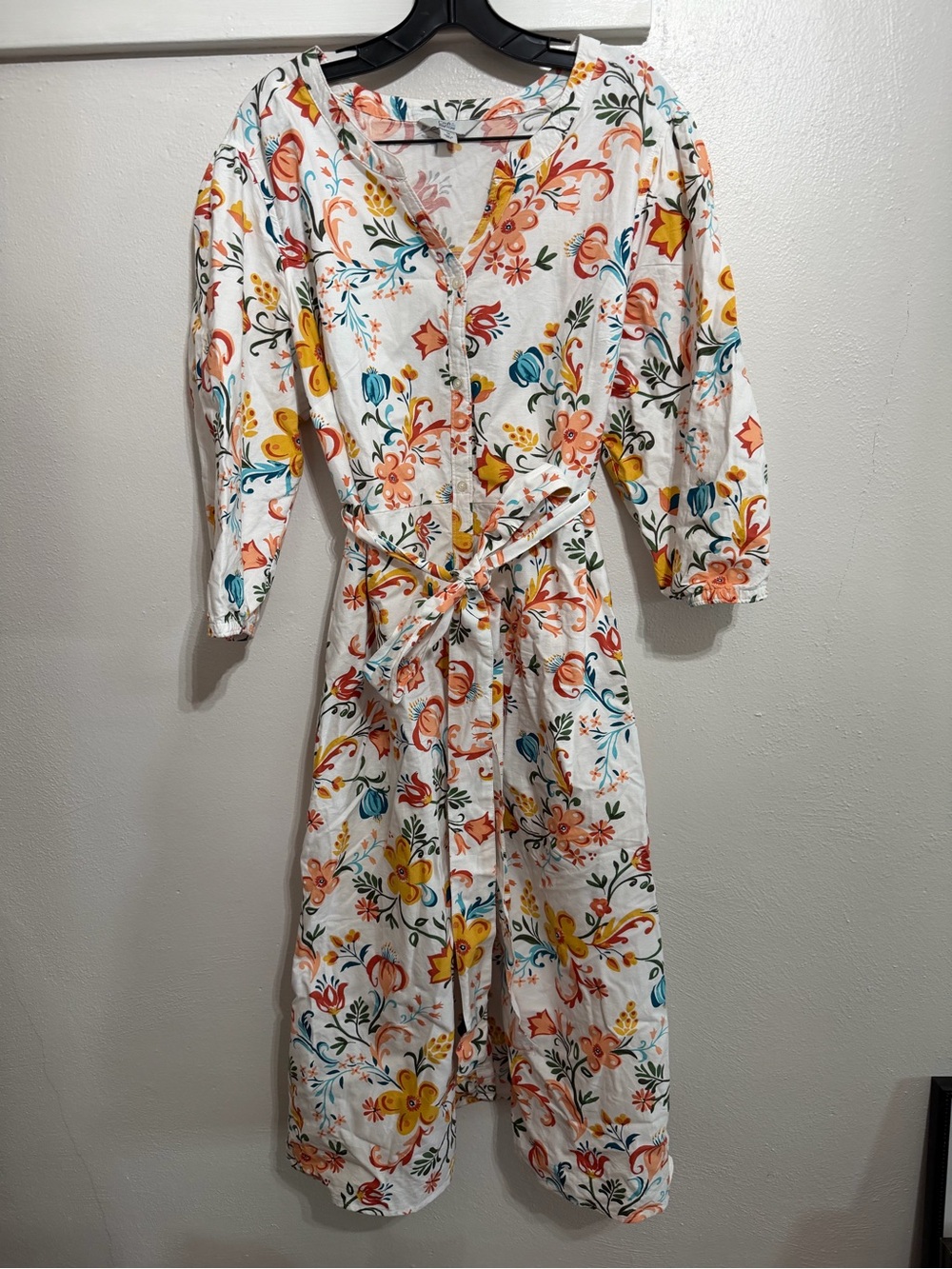 croft & barrow White Floral Button-Front Midi Dress with Tie Waist